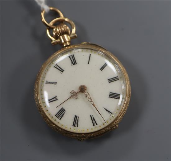A ladys 14k yellow metal and enamel fob watch, with Roman dial.